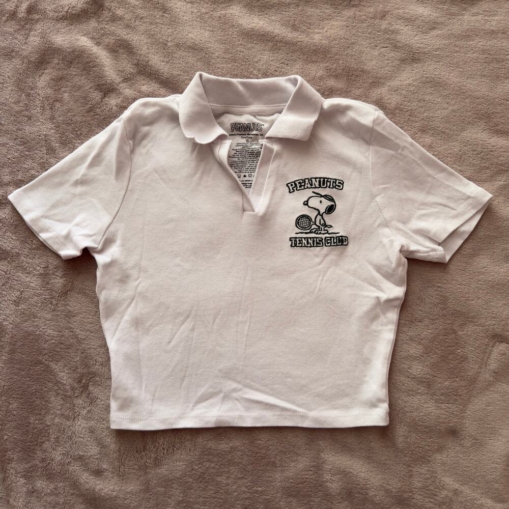 Peanuts Snoopy Tennis Club Polo Crop Top White Collared Baby Tee Size S